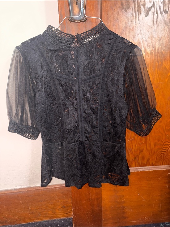 Tops - Black Lace Peplum Women's Top - Elegant High Neck